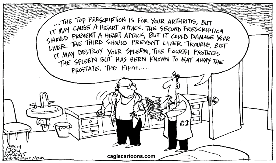 Why we must reduce medical prescriptions in Older adults: The cartoon doctor says to the patient in the office "..the top prescription is for your arthritis, but it may cause a heart attack. The second prescription should prevent a heart attack, but it could damage your liver. The third should prevent liver trouble, but it may destroy your spleen. The fourth protects the spleen but has been known to eat away the prostate. The fifth....