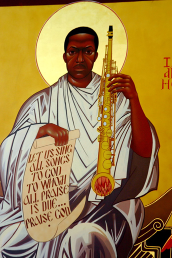 A Byzantine-style icon of John Coltrane at the church. The inscription to the left and right of Coltrane's body reads, in Greek, "St. John." Anastasia Tsioulcas/NPR